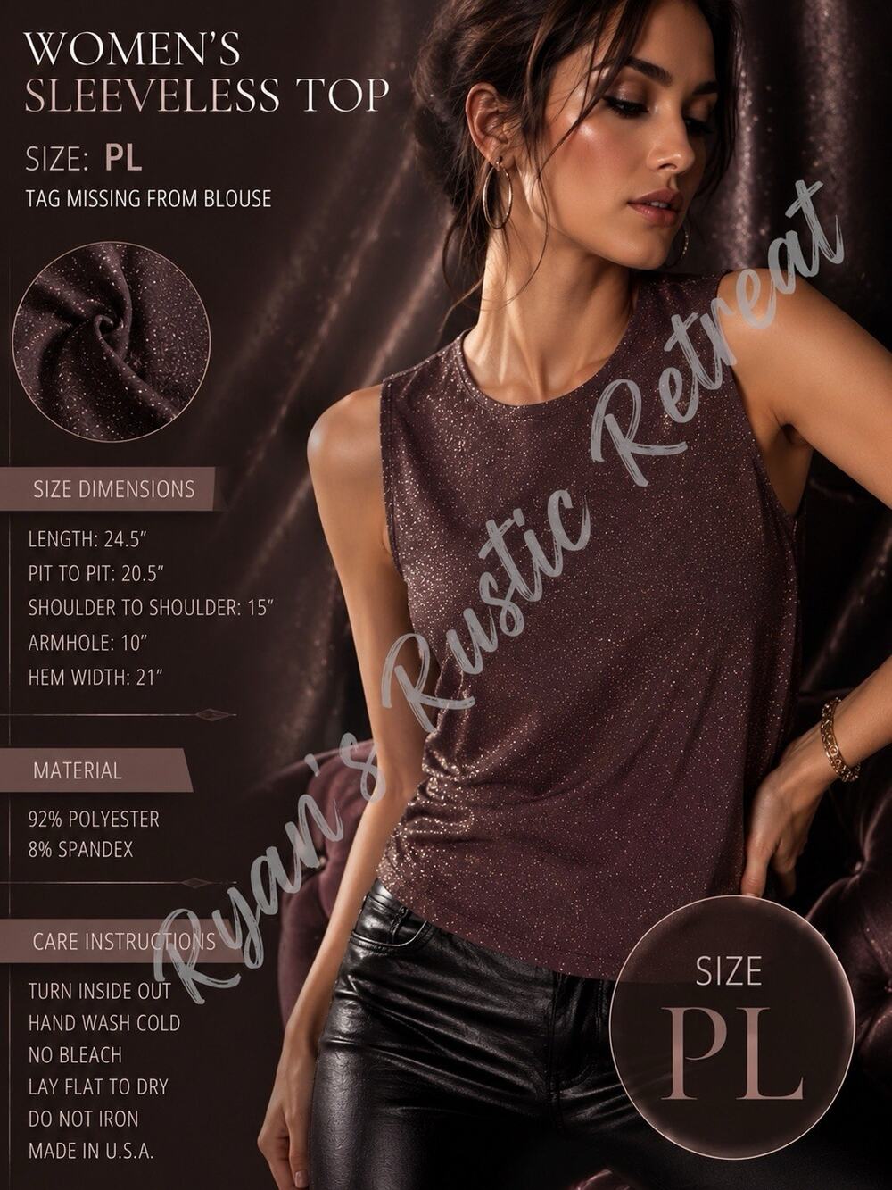 Women’s PL Sleeveless Glitter Top Brown Sparkle Stretch Polyester Made in USA DK